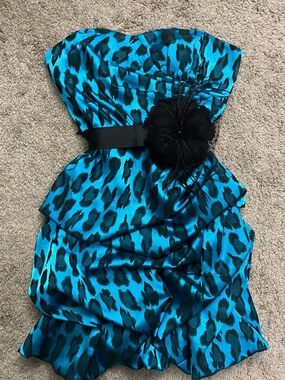 Deb Blue and Black Leopard-Print Formal Dress with Floral Sash